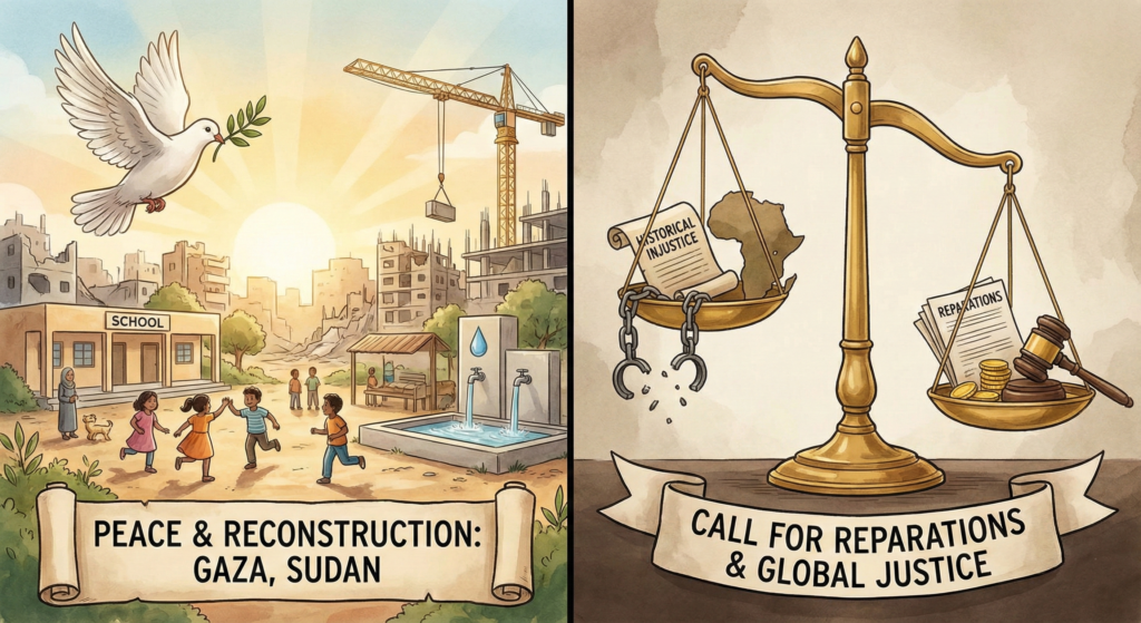 Artistic representation of global justice, peace in conflict zones, and reparations for Africa.