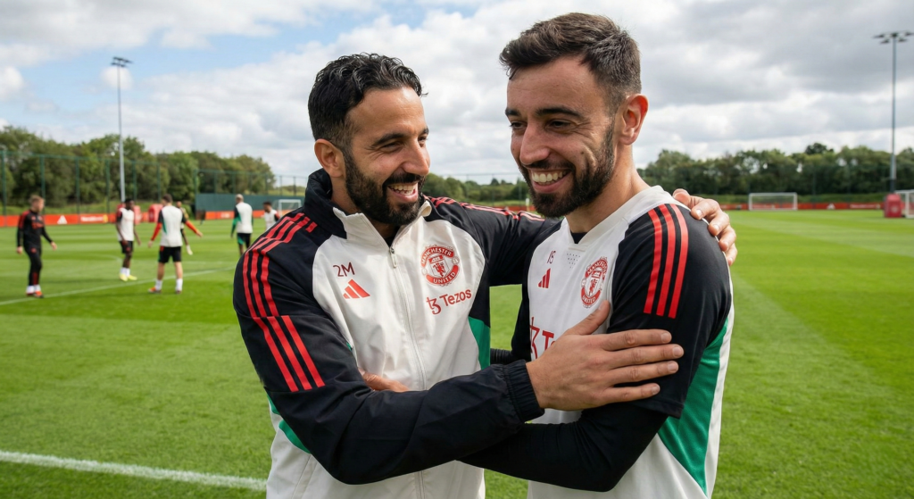 Bruno Fernandes and Ruben Amorim talking on the Manchester United training pitch.