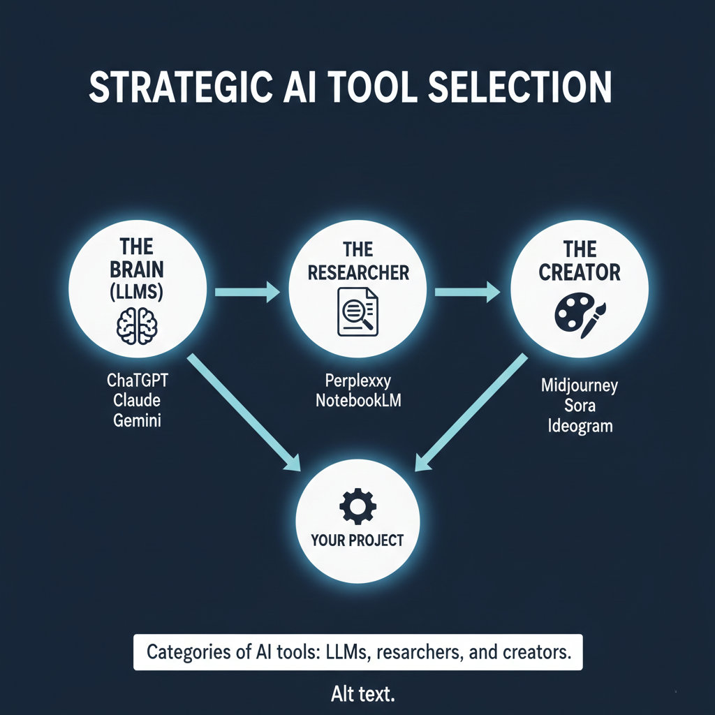 Categories of AI tools LLMs, researchers, and creators.
