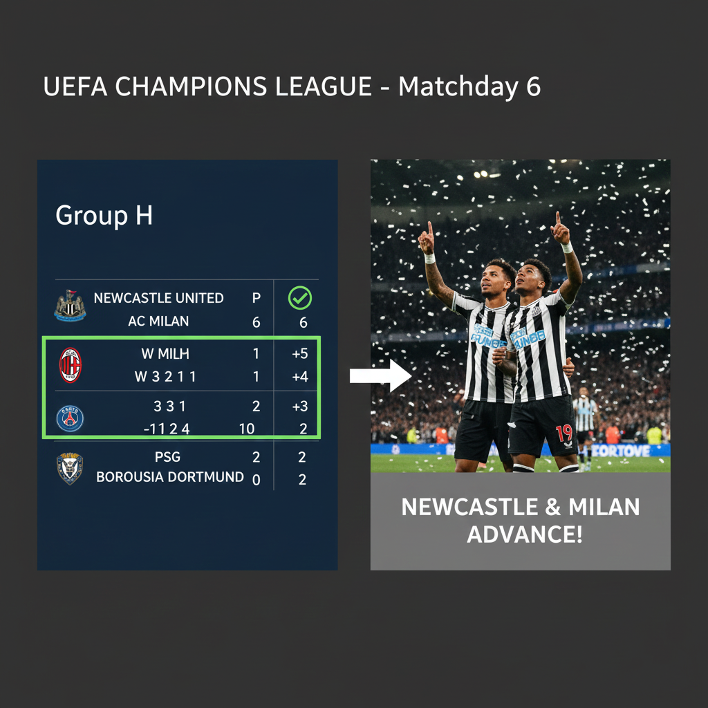 Champions League Group H final standings with Newcastle and AC Milan advancing.