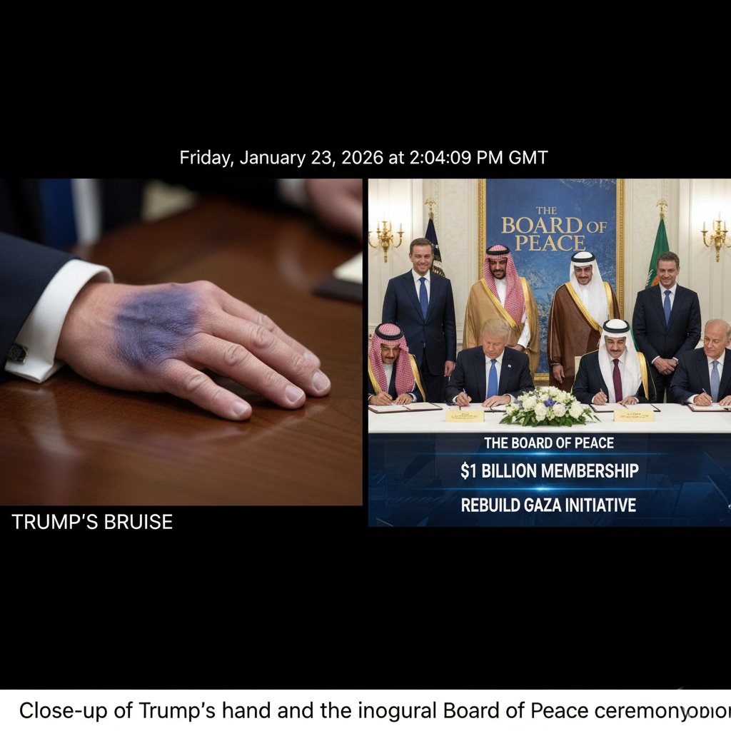 Close-up of Trump's hand bruise and the inaugural Board of Peace ceremony.