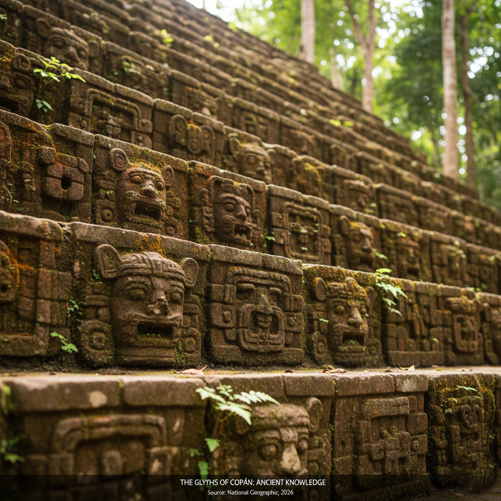 Close-up of ancient Maya hieroglyphs carved into stone at Copán, Honduras.