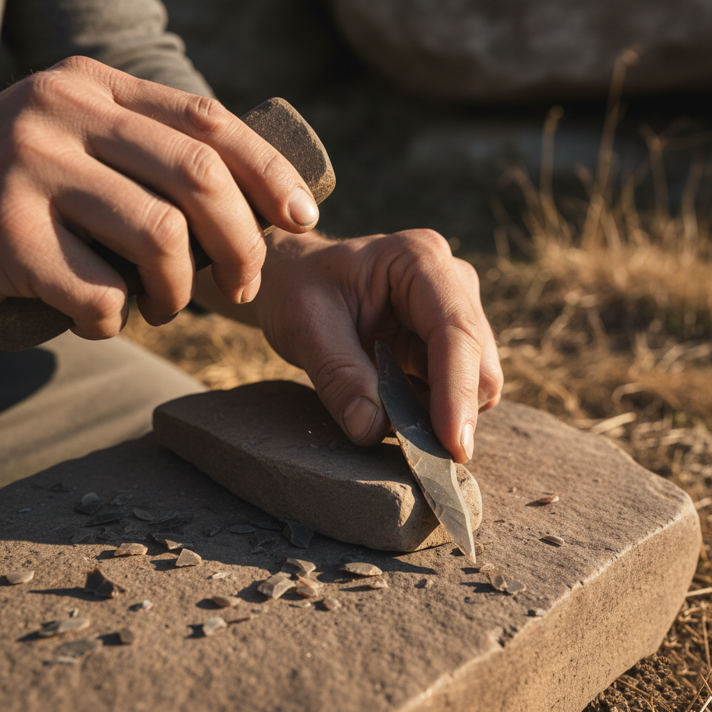 Close-up of prehistoric stone tool making or flint napping.