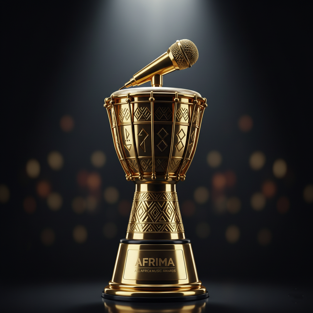 Close-up of the golden All Africa Music Awards (AFRIMA) trophy.
