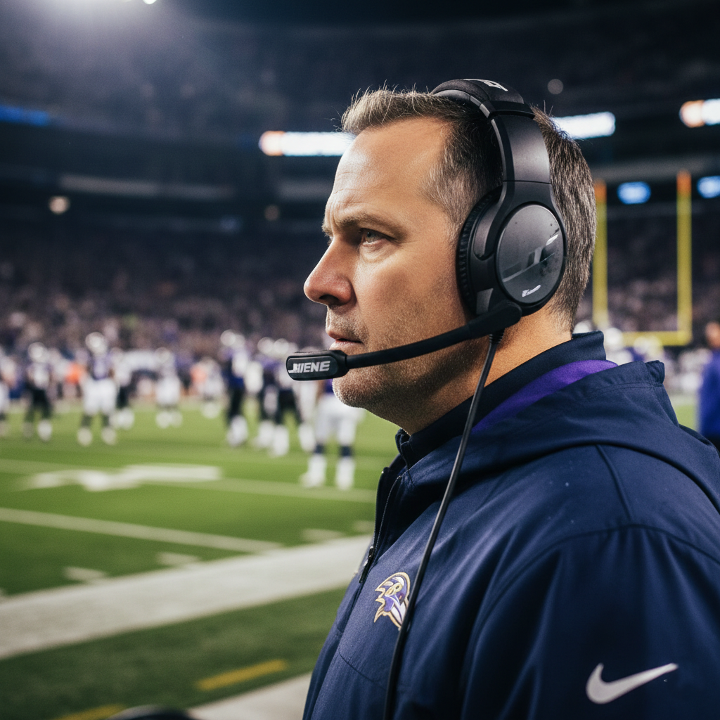 Coach John Harbaugh looking focused on the sideline during a professional football game.
