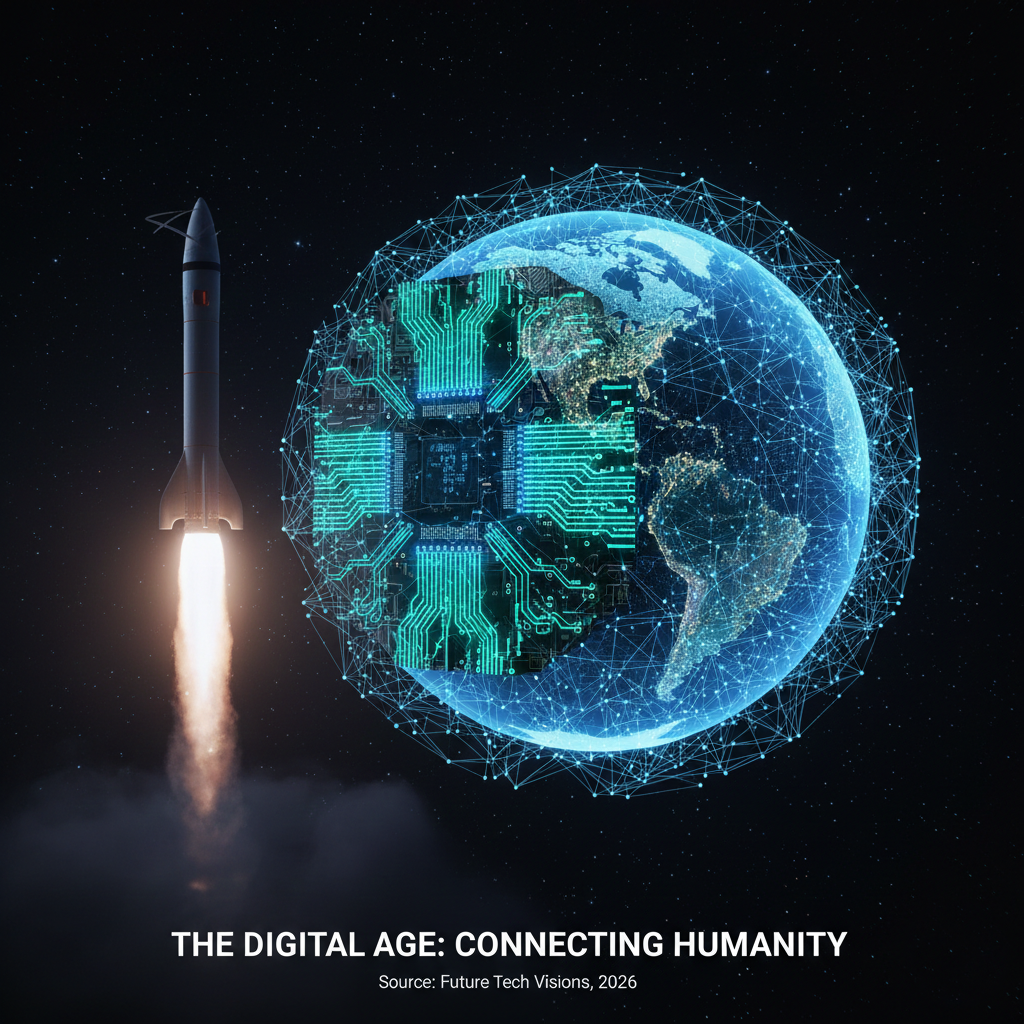 Collage representing the technological revolution and the modern global age.