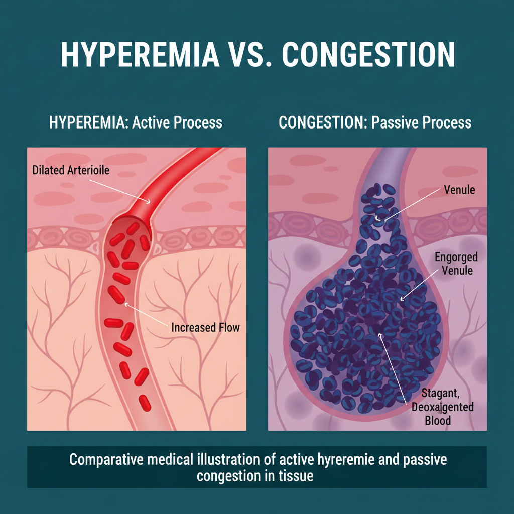 Comparative medical illustration of active hyperemia and passive congestion in tissue.