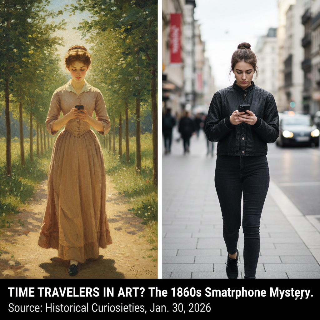 Comparison between a 19th-century painting and a modern smartphone user.