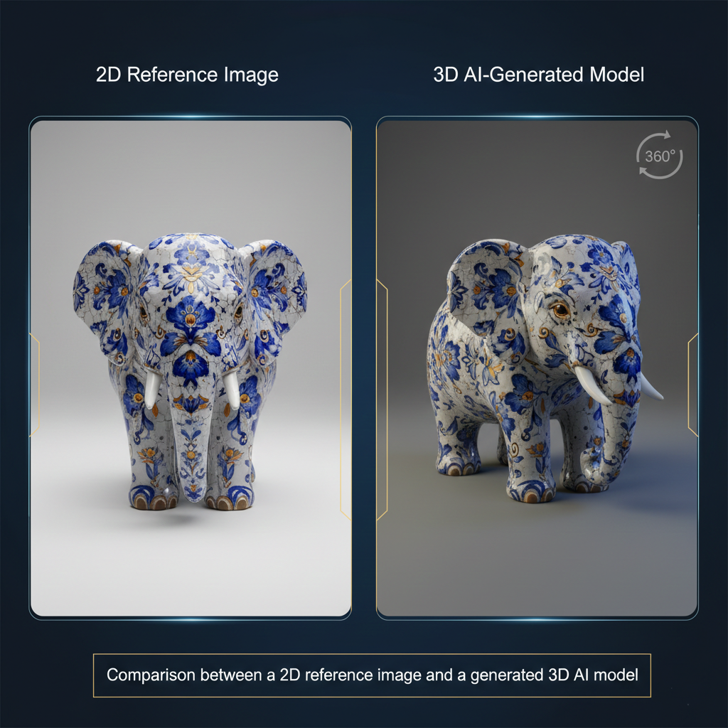 Comparison between a 2D reference image and a generated 3D AI model.