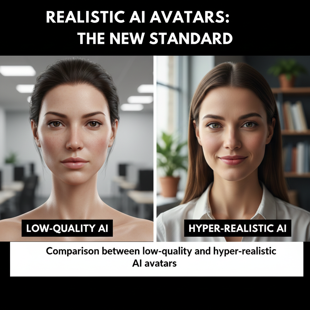 Comparison between low-quality and hyper-realistic AI avatars.