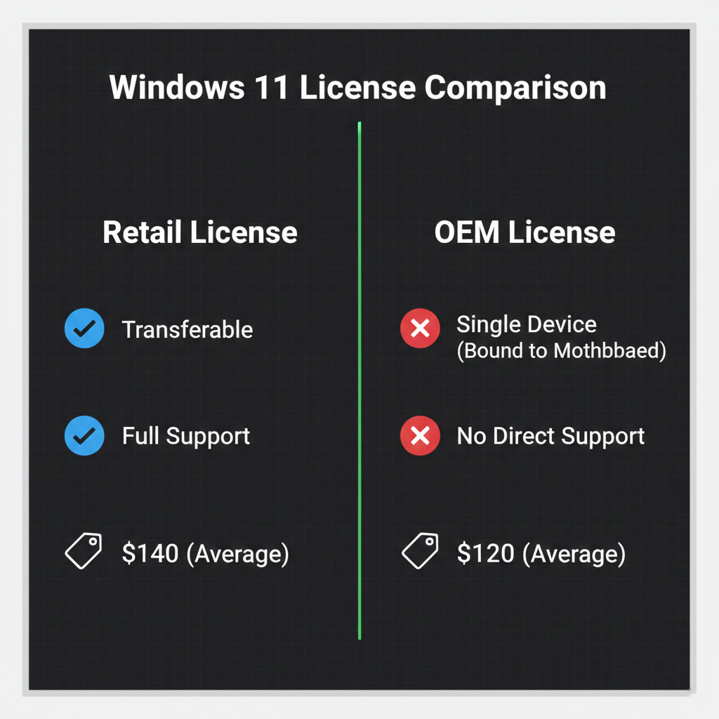 Comparison chart between Windows 11 Retail and OEM license types.