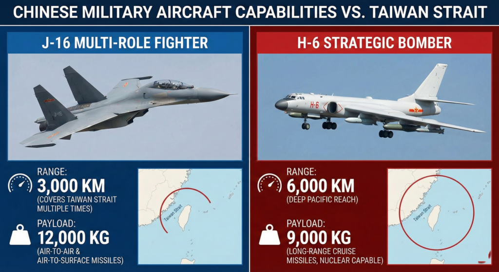 Comparison of Chinese J-16 and H-6 military aircraft used in the 2025 drills.