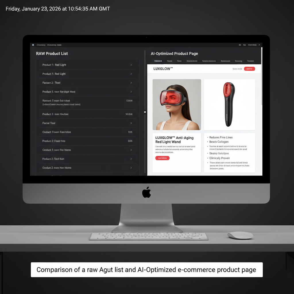 Comparison of a raw product list and an AI-optimized e-commerce product page.