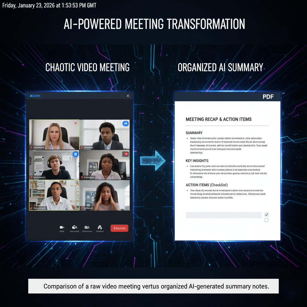 Comparison of a raw video meeting versus organized AI-generated summary notes.