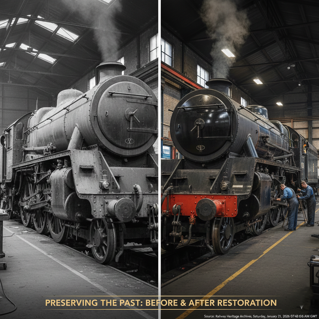Comparison of a weathered steam locomotive and its restored version.