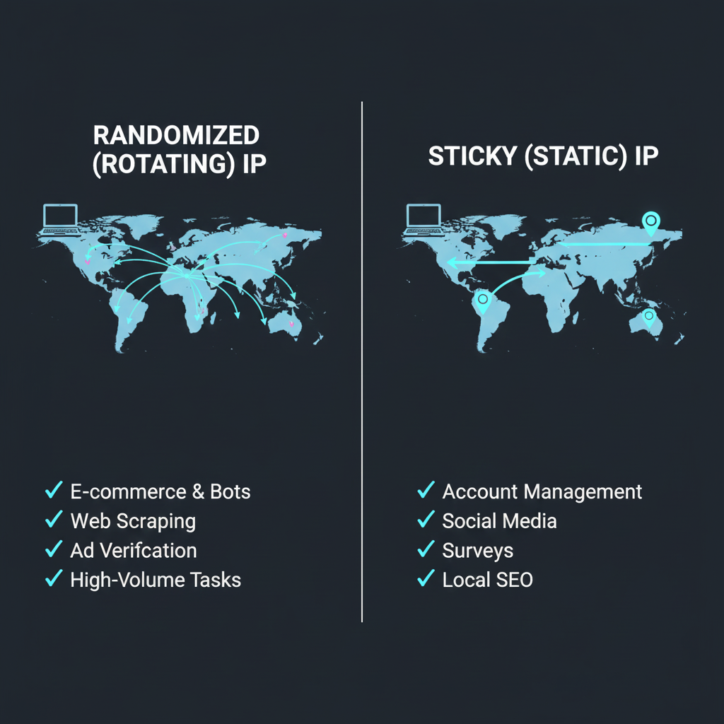 Comparison of rotating and sticky residential proxies for different online tasks.