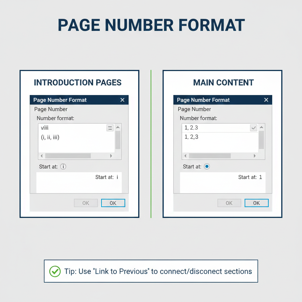 Comparison of the Page Number Format settings for Roman and Arabic numerals in Word.