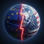 Concept art showing the geopolitical divide between Europe and the US over Greenland.