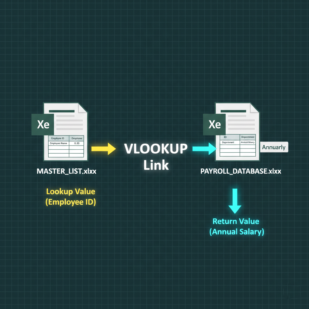 Conceptual diagram of VLOOKUP connecting two separate Excel workbooks.