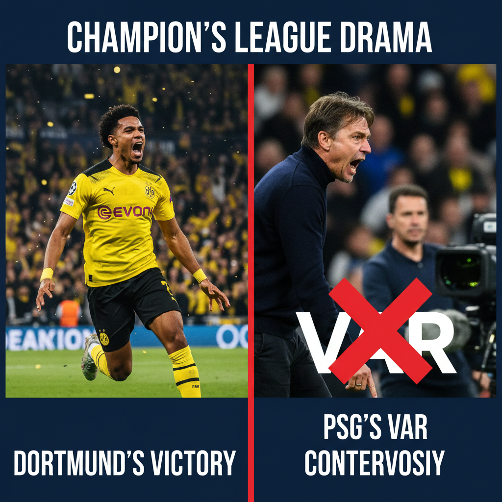 Contrast between Dortmund's smooth victory and PSG's VAR controversy.
