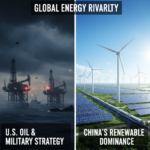 Contrast between U.S. oil-focused military strategy and China's renewable energy dominance.