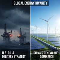 Contrast between U.S. oil-focused military strategy and China's renewable energy dominance.