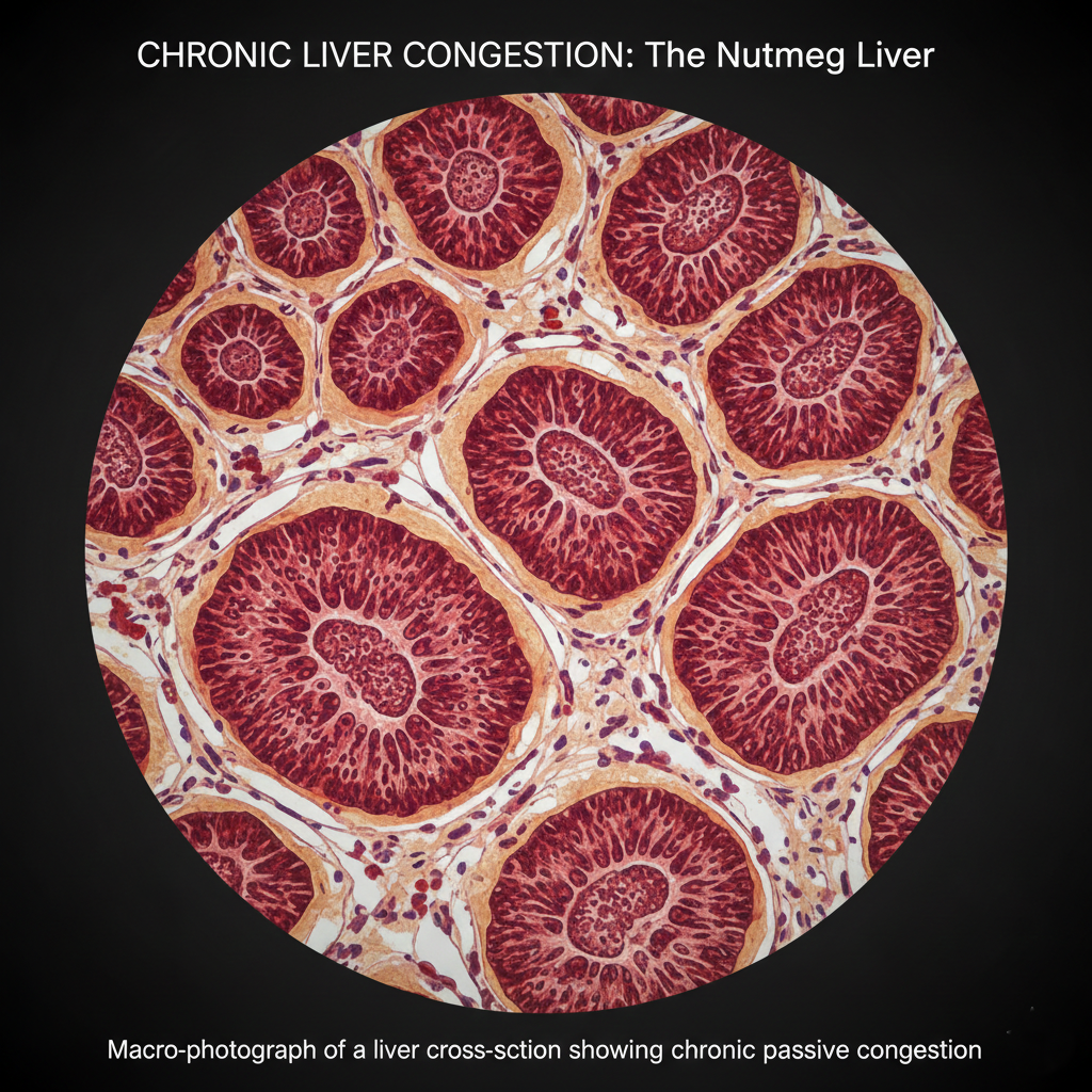 Cross-section of a liver showing the classic nutmeg appearance due to chronic passive congestion.