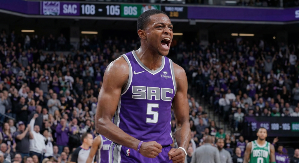 De'Aaron Fox celebrating a key three-point shot for the Sacramento Kings.