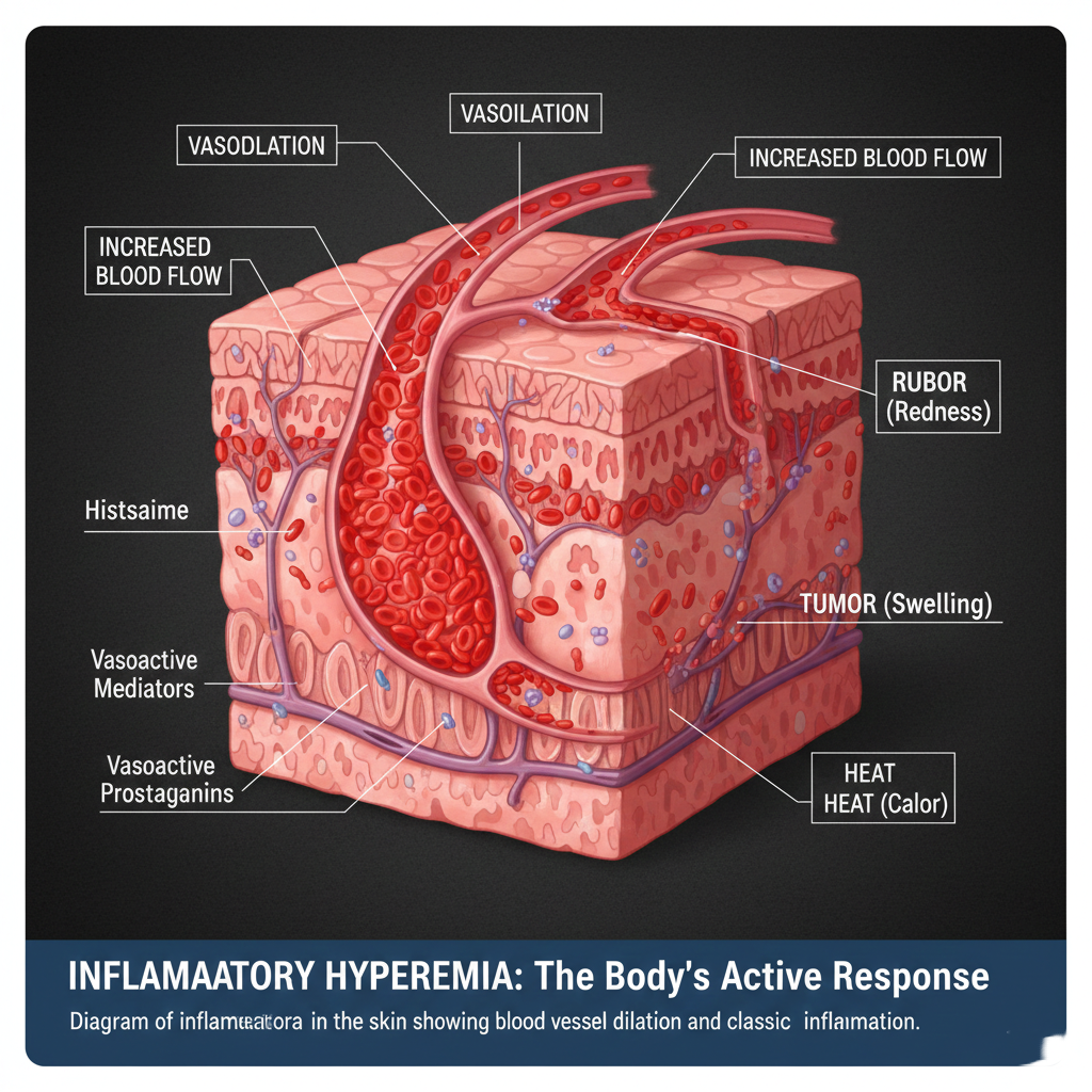 Diagram of inflammatory hyperemia in the skin showing blood vessel dilation and classic signs of inflammation.