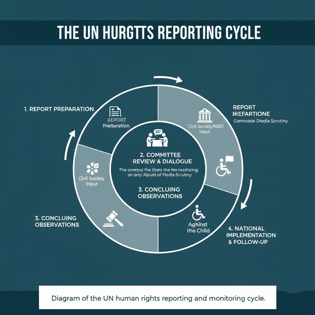 Diagram of the UN human rights reporting and monitoring cycle.