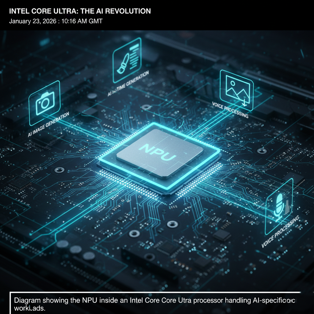 Diagram showing the NPU inside an Intel Core Ultra processor handling AI-specific workloads.