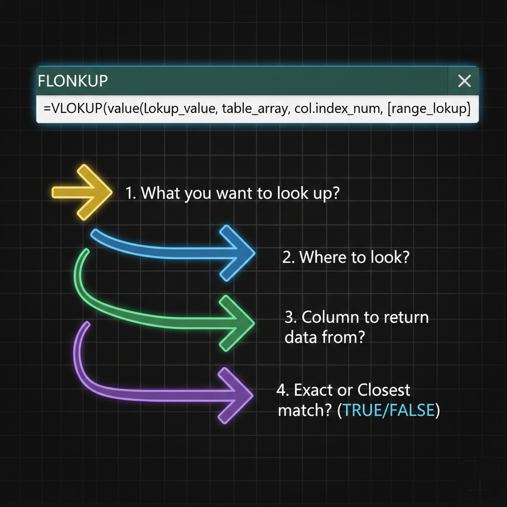 Diagram showing the four arguments of the Excel VLOOKUP function.