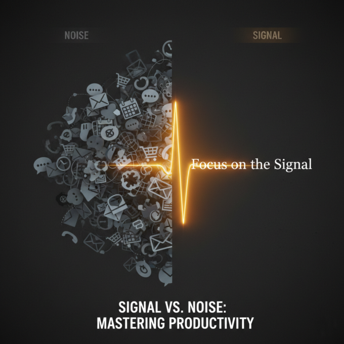 Digital art contrasting life's distractions (noise) with high-value goals (signal).
