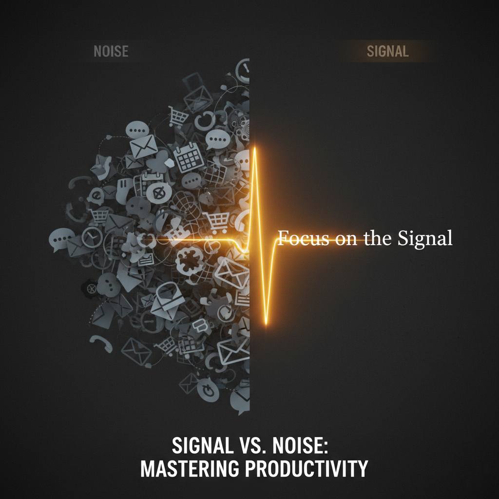 Digital art contrasting life's distractions (noise) with high-value goals (signal).