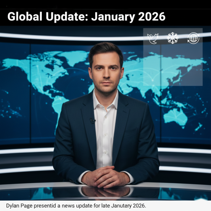 Dylan Page presenting a global news update for late January 2026.