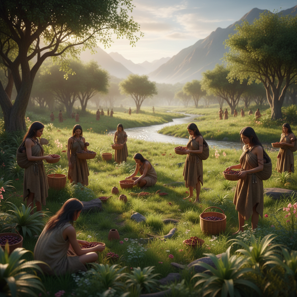 Early humans foraging for plants and roots in a prehistoric landscape.