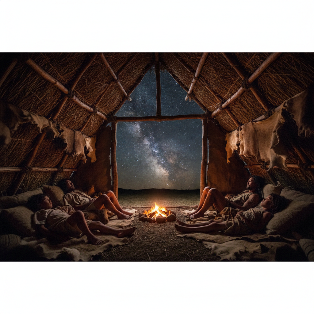 Early humans resting and observing the night sky from their shelter.
