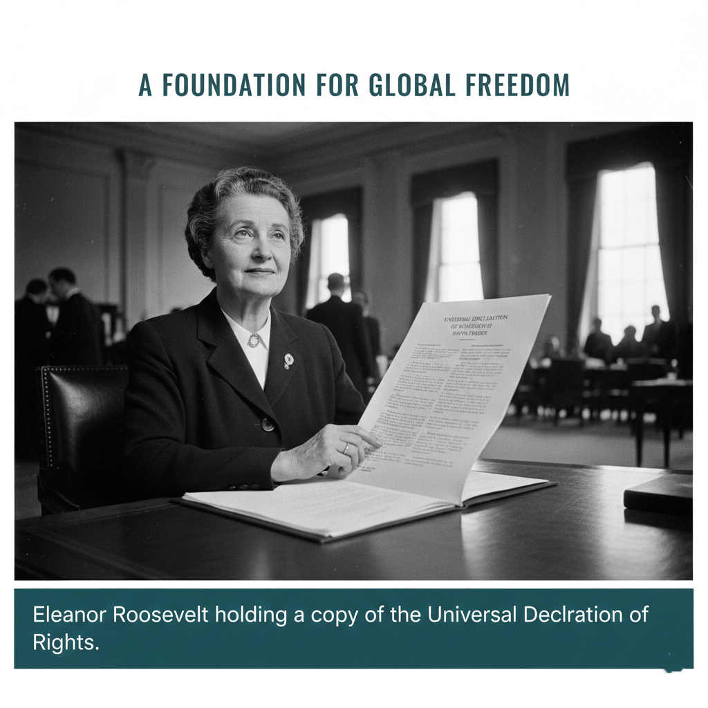 Eleanor Roosevelt holding a copy of the Universal Declaration of Human Rights.