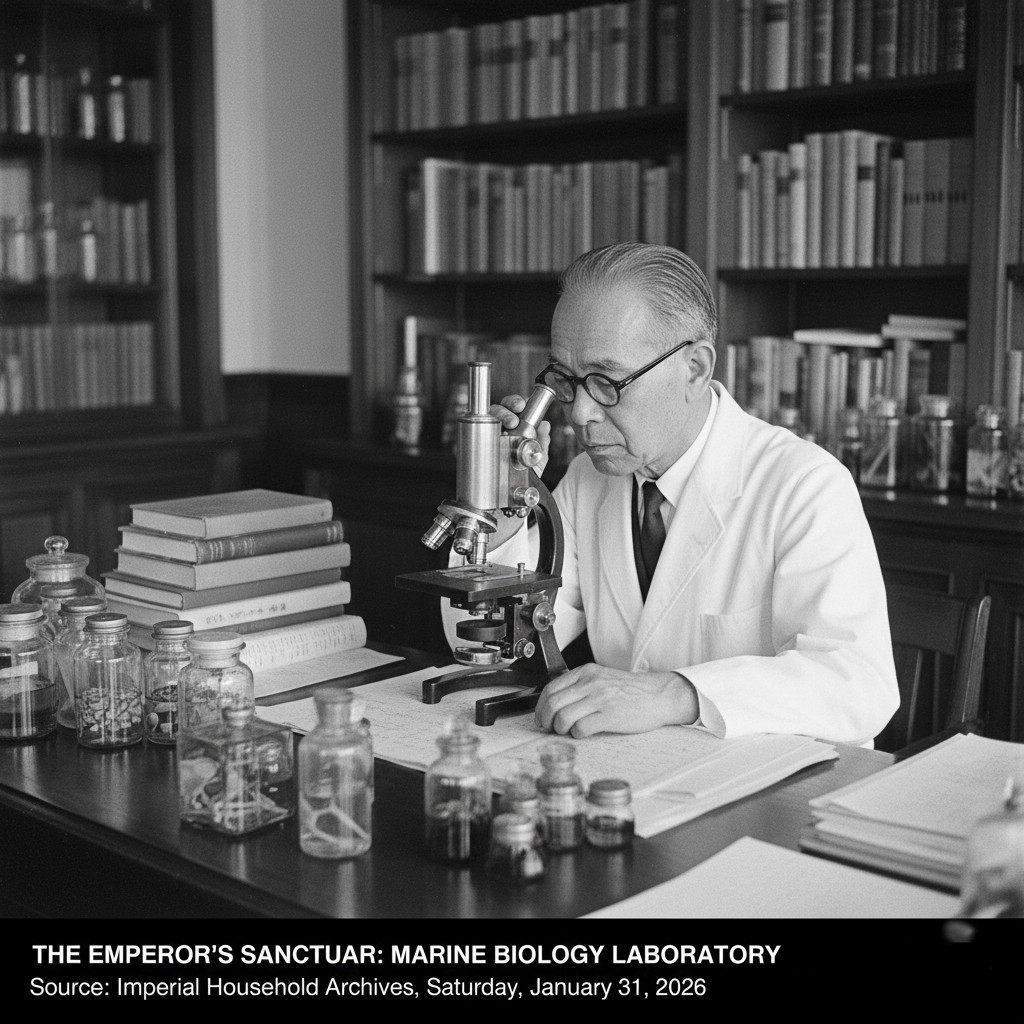 Emperor Hirohito studying marine biology in his private laboratory.