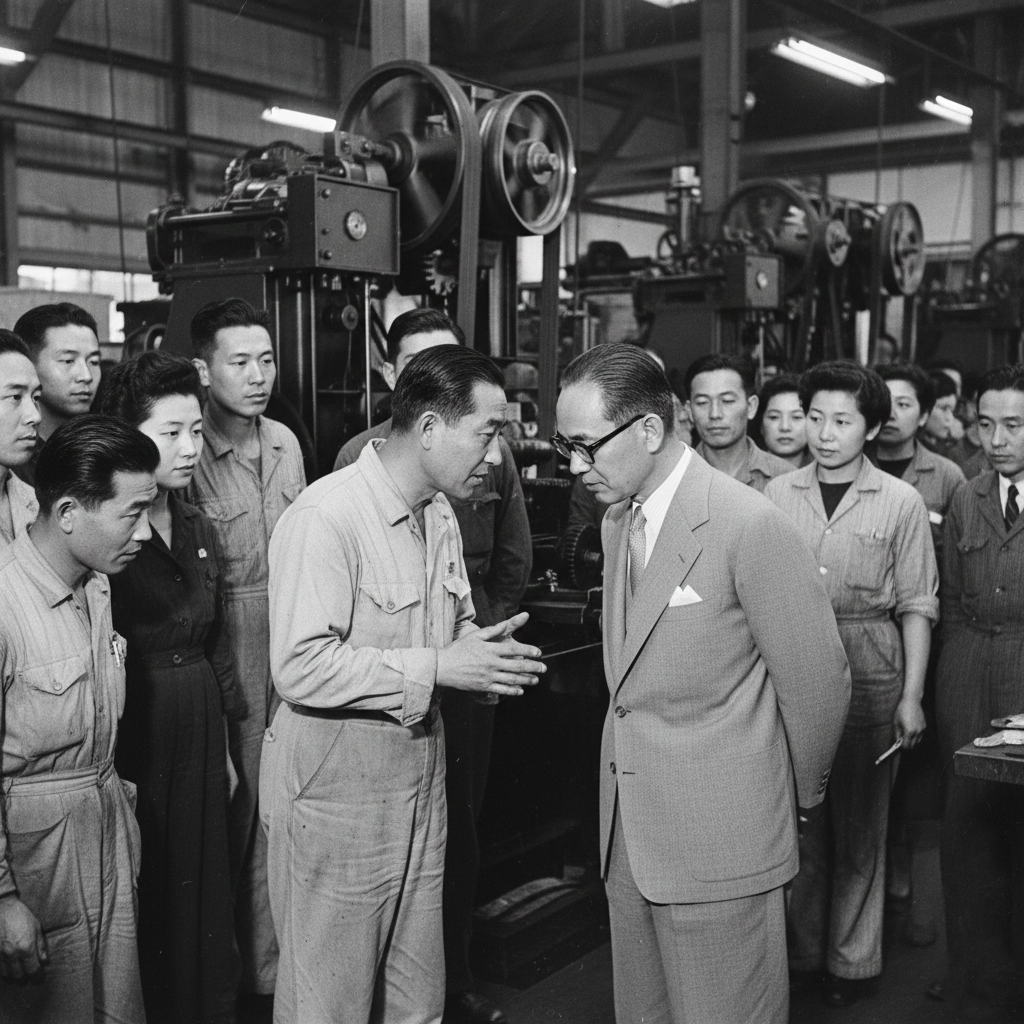 Emperor Hirohito visiting a factory during his post-war tours of Japan.