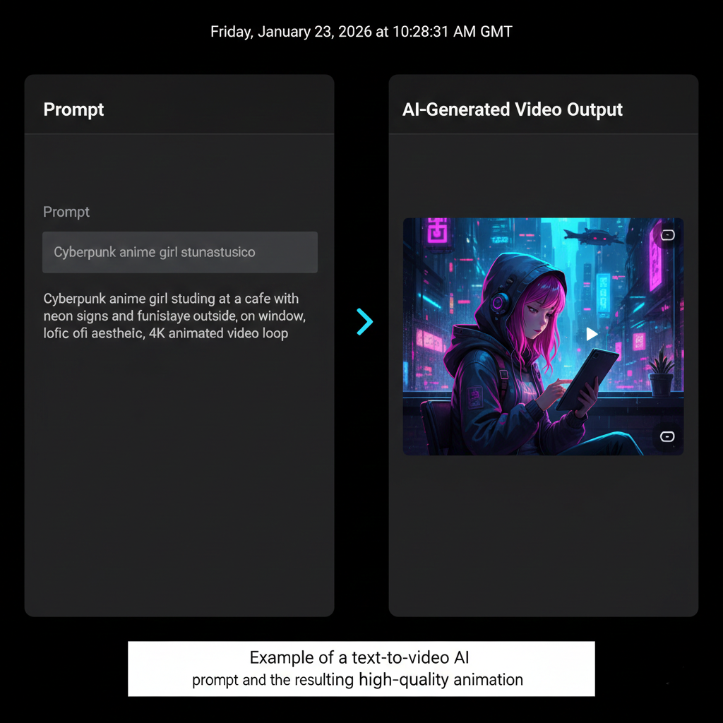 Example of a text-to-video AI prompt and the resulting high-quality animation.