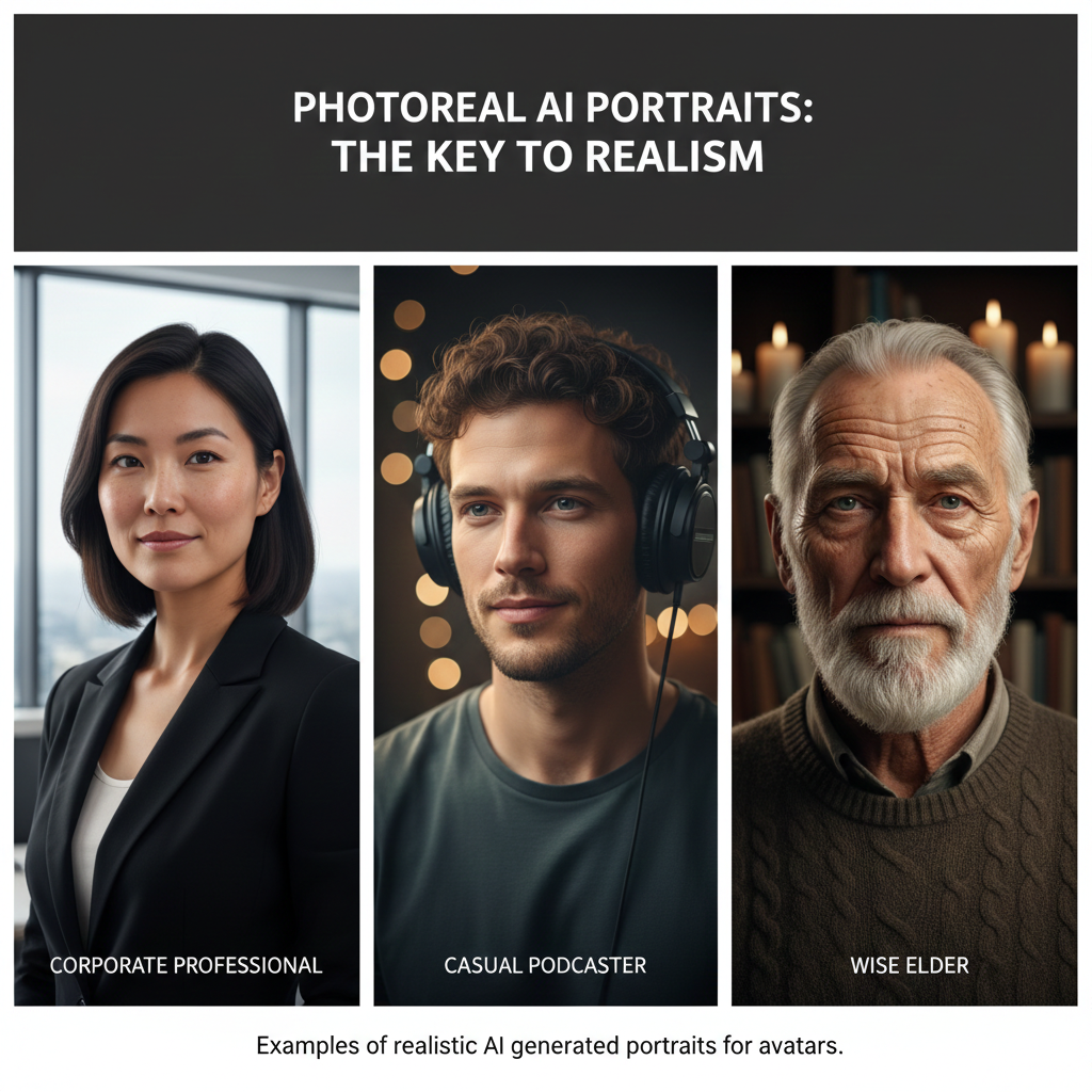 Examples of realistic AI generated portraits for avatars.