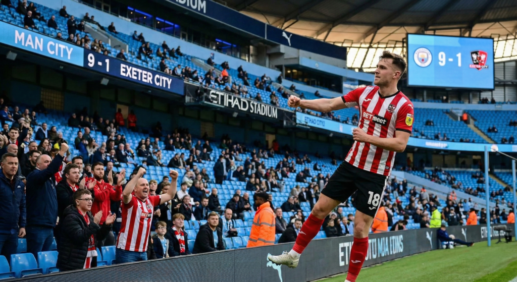 Exeter City's George Birch celebrating his goal at the Etihad.