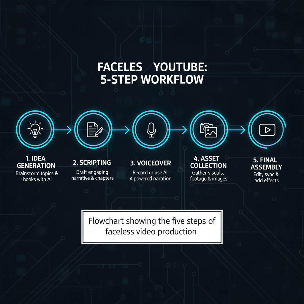 Flowchart showing the five steps of faceless video production.