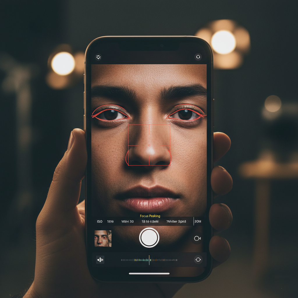 Focus peaking overlay in the Blackmagic Camera app interface.