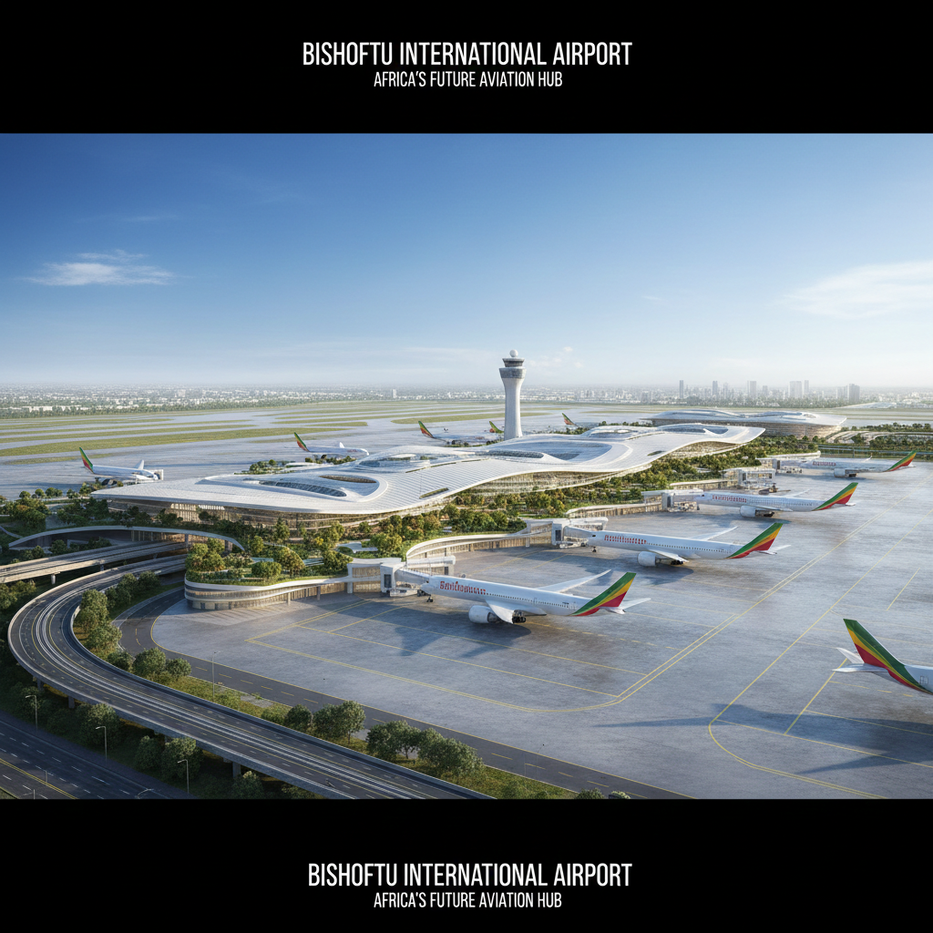 Futuristic rendering of the $12.5 billion Bishoftu International Airport in Ethiopia.