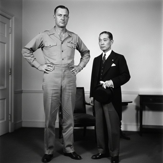 General Douglas MacArthur and Emperor Hirohito during their first historic meeting in 1945.