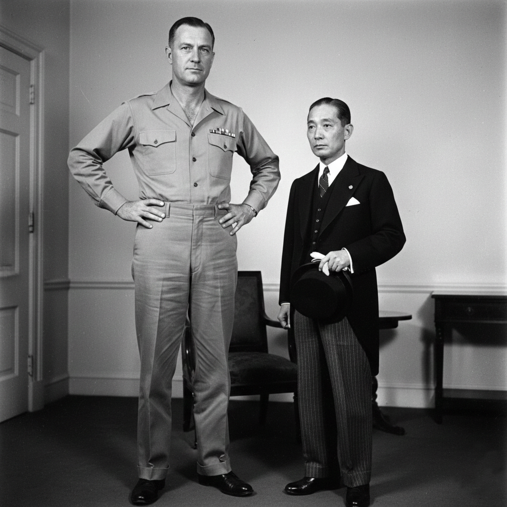 General Douglas MacArthur and Emperor Hirohito during their first historic meeting in 1945.