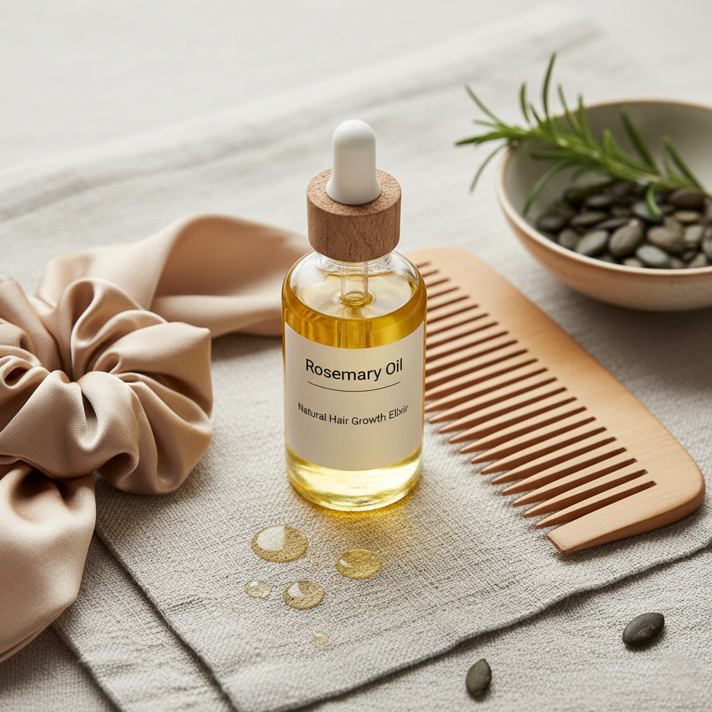 Gentle hair care tools and natural oils used for hair health.