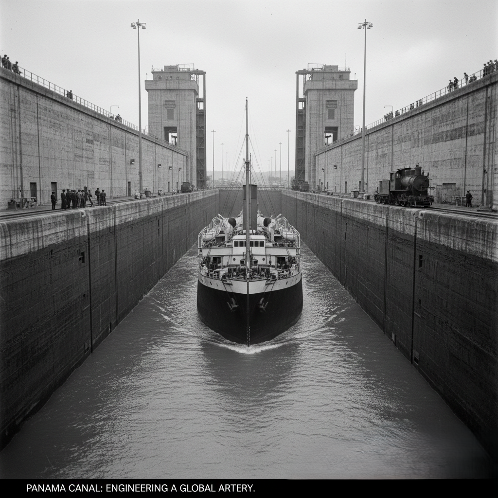Historical view of a ship navigating the Panama Canal in 1914.